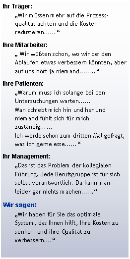 Textfeld: Ihr Trger:Wir mssen mehr auf die Prozess-qualitt achten und die Kosten reduzieren......Ihre Mitarbeiter: Wir wten schon, wo wir bei den Ablufen etwas verbessern knnten, aber auf uns hrt ja niemand........Ihre Patienten:Warum muss ich solange bei den Untersuchungen warten...... 
Man schiebt mich hin und her und niemand fhlt sich fr mich zustndig......
Ich werde schon zum dritten Mal gefragt, was ich gerne esse......Ihr Management:Das ist das Problem der kollegialen Fhrung. Jede Berufsgruppe ist fr sich selbst verantwortlich. Da kann man leider gar nichts machen......Wir sagen:Wir haben fr Sie das optimale 
System, das Ihnen hilft, Ihre Kosten zu senken  und ihre Qualitt zu verbessern....