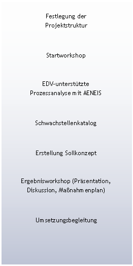 Textfeld: Festlegung der 
ProjektstrukturStartworkshop EDV-untersttzte 
Prozessanalyse mit AENEISSchwachstellenkatalogErstellung SollkonzeptErgebnisworkshop (Prsentation, 
Diskussion, Manahmenplan)Umsetzungsbegleitung