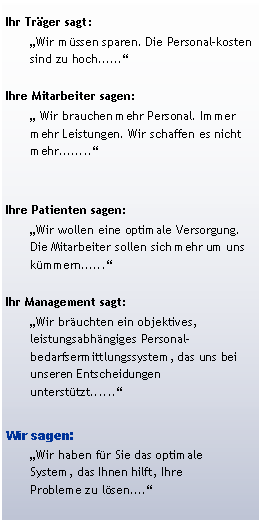 Textfeld: Ihr Trger sagt:Wir mssen sparen. Die Personal-kosten sind zu hoch......Ihre Mitarbeiter sagen: Wir brauchen mehr Personal. Immer mehr Leistungen. Wir schaffen es nicht mehr........Ihre Patienten sagen:Wir wollen eine optimale Versorgung. Die Mitarbeiter sollen sich mehr um uns kmmern......Ihr Management sagt:Wir bruchten ein objektives, 
leistungsabhngiges Personal-bedarfsermittlungssystem, das uns bei unseren Entscheidungen untersttzt......Wir sagen:Wir haben fr Sie das optimale 
System, das Ihnen hilft, Ihre 
Probleme zu lsen....