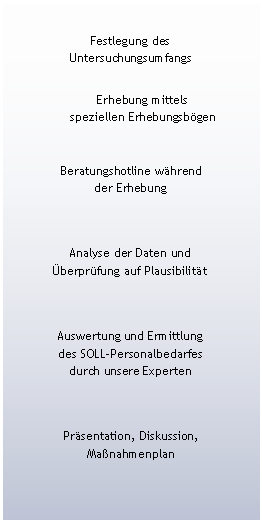 Textfeld: Festlegung des 
UntersuchungsumfangsErhebung mittels 
speziellen ErhebungsbgenBeratungshotline whrend 
der ErhebungAnalyse der Daten und 
berprfung auf PlausibilittAuswertung und Ermittlung 
des SOLL-Personalbedarfes 
durch unsere ExpertenPrsentation, Diskussion, 
Manahmenplan